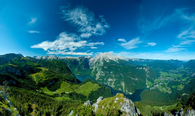 Panorama vom Jenner über den Königsee mit Watzmann und Steinernem Meer - Berchtesgaden, Berchtesgad