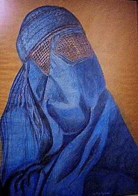 " Poesía bajo los Burka". Dibujo realizado por Mª Antonia Rubio Maeso.