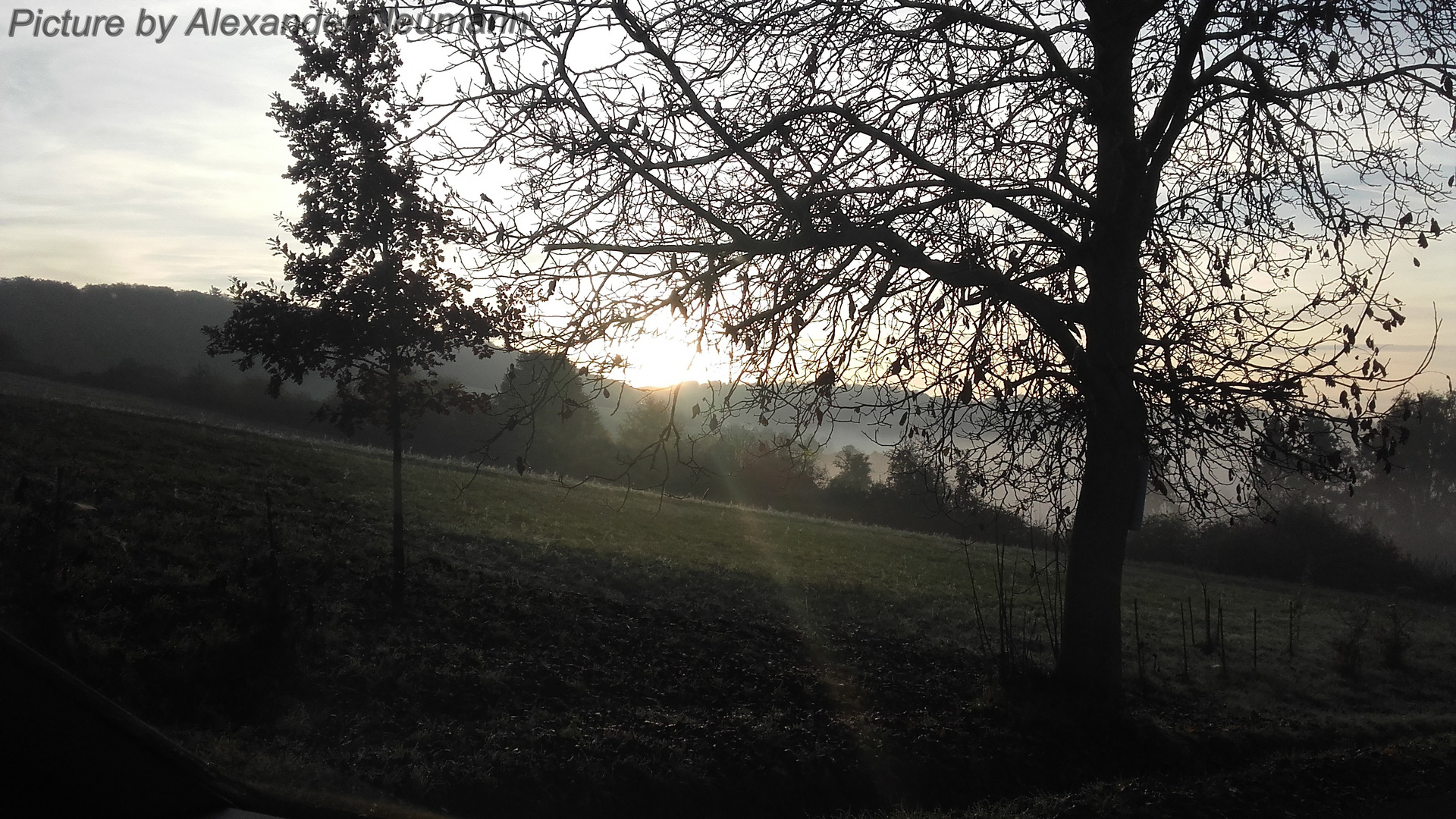 01.11.2016 Sonnenaufgang bei Frühnebel Diebach Am Haag, Hessen, Deutschland