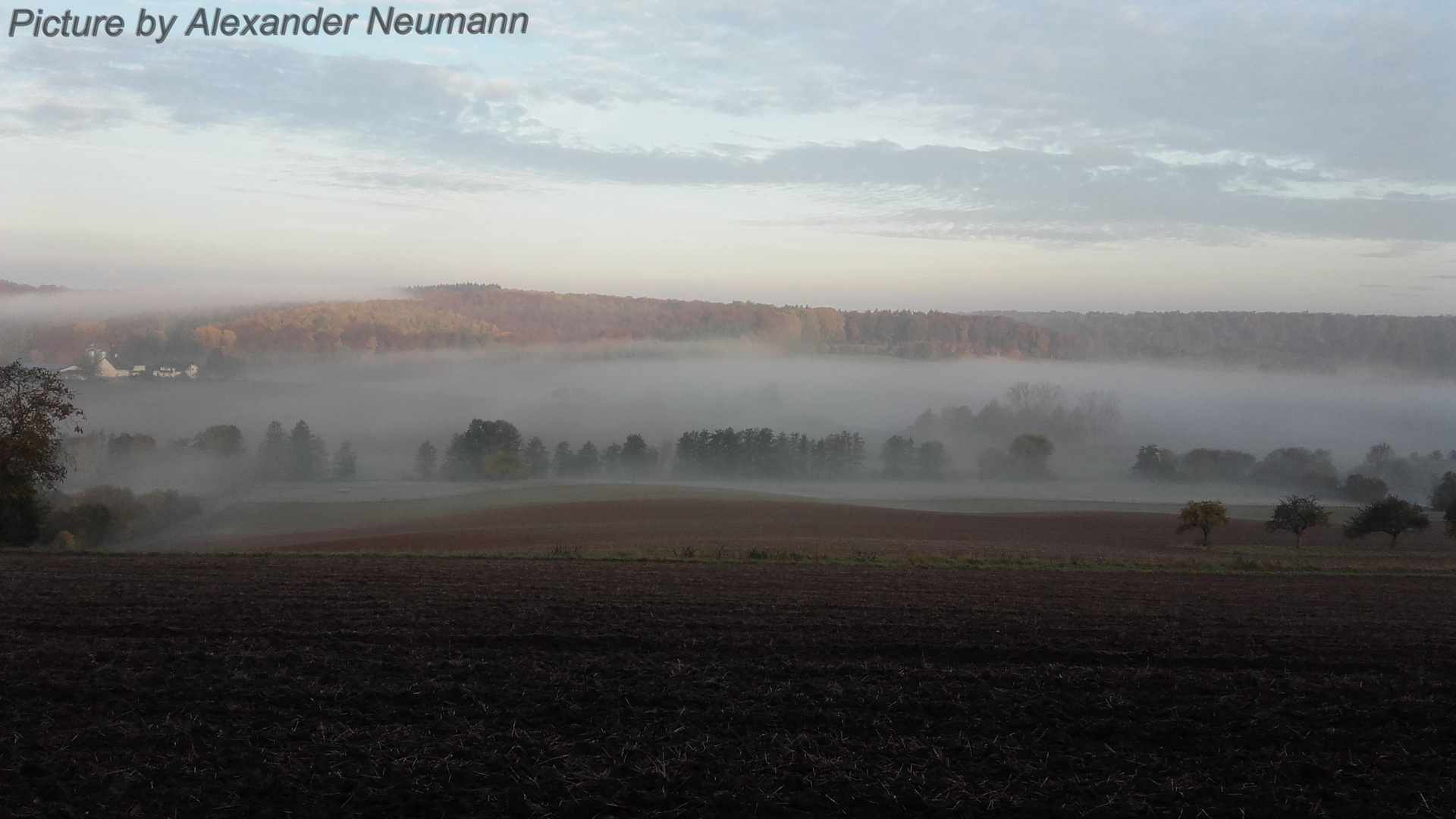 01.11.2016 Sonnenaufgang bei Frühnebel Diebach Am Haag, Hessen, Deutschland