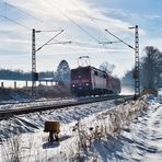 111 137 mit Überführungszug im Gegenlicht