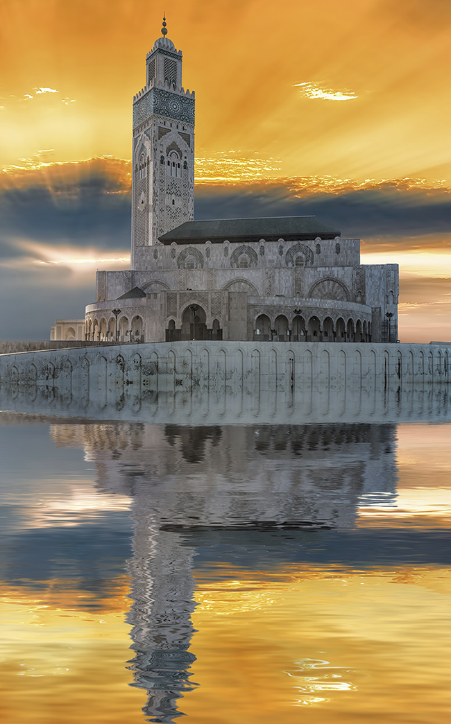 1549R Moschee Hassan II Casablanca   Sonnenuntergang mit Spiegelung