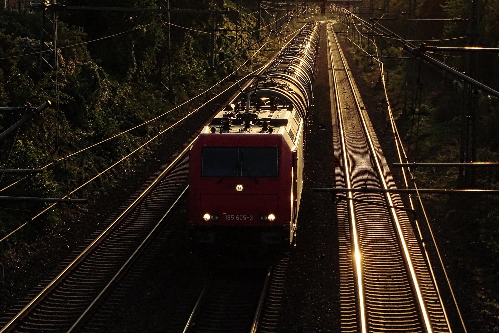 185 605-3 DB mit einem Kesselzug im Gegenlicht