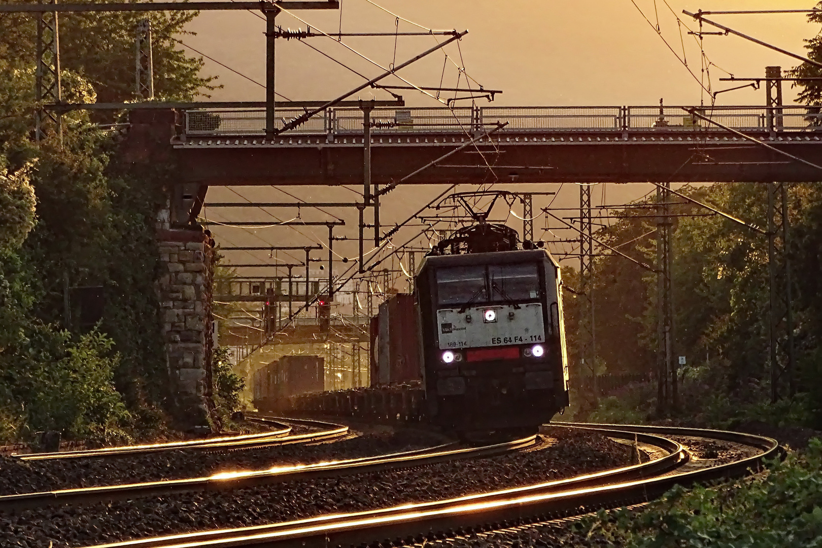 189 114 ES 64 F4-114 MRCE dispolok mit einem Containerzug im Gegenlicht