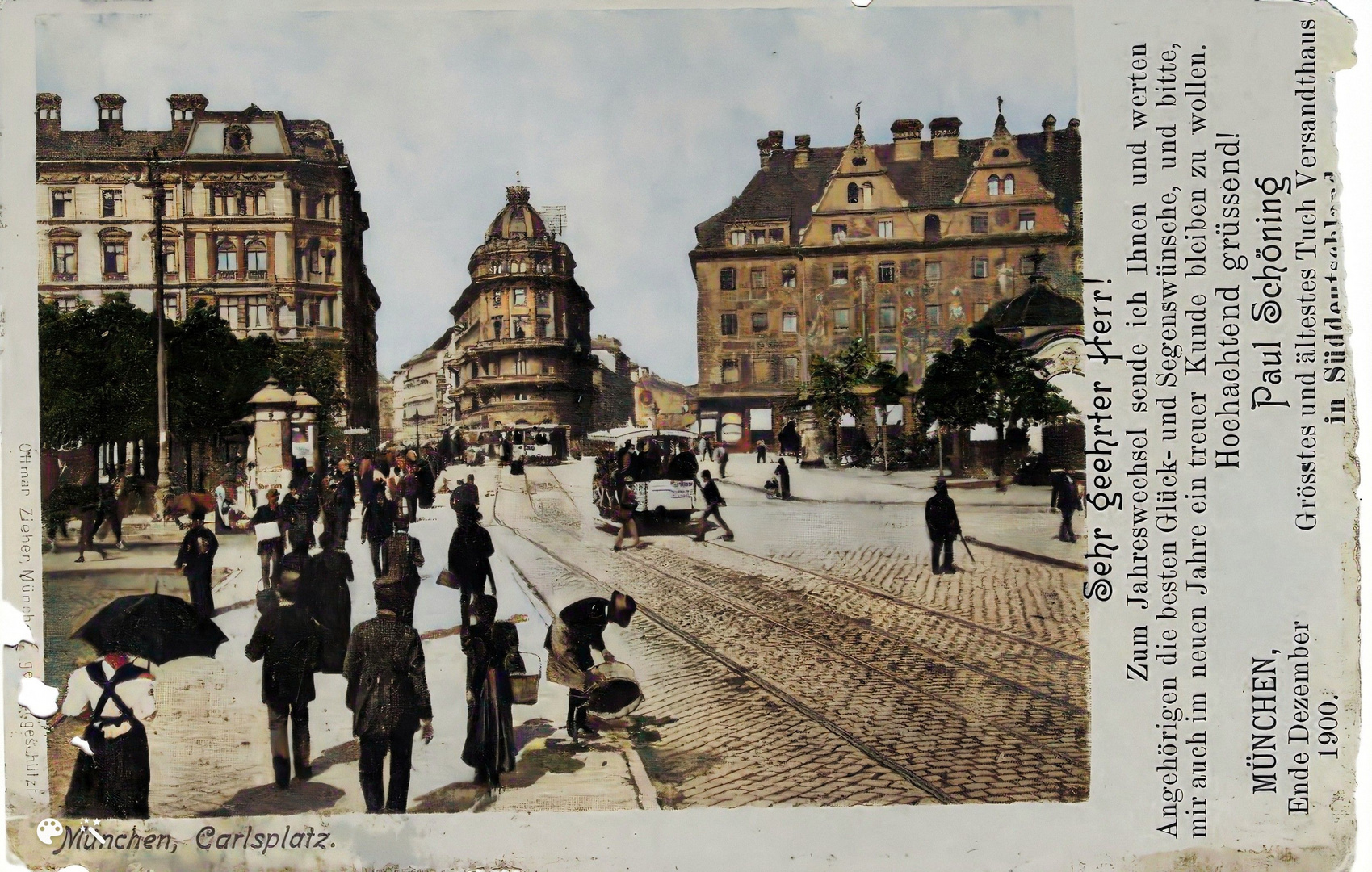 1900 München Carlsplatz - Grüße zum Jahreswechsel-Enhanced-Colorized