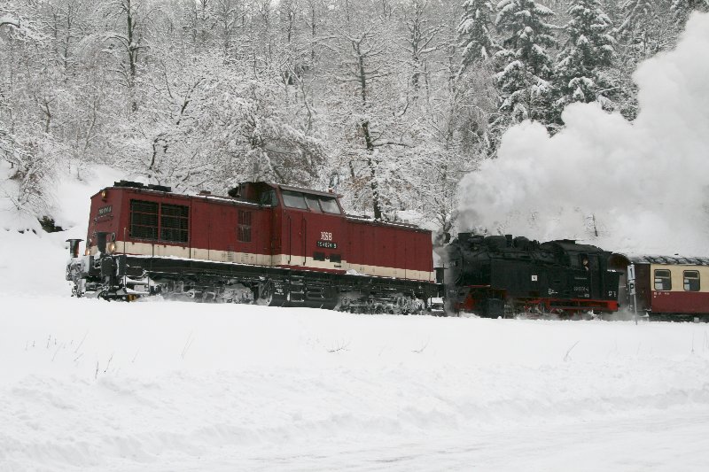 199 874 vor dem Planzug mit der 99 6001 am Drahtzug