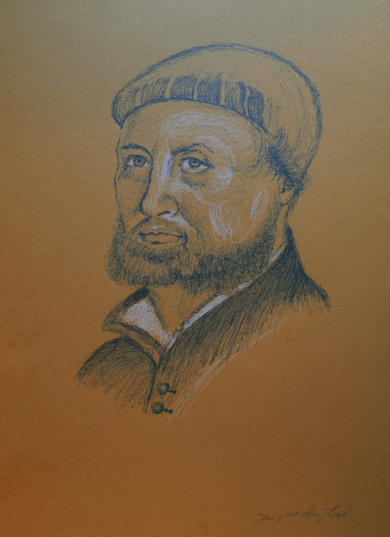 2-farbige Scribble-Interpretation... von Hans Holbeins Selbstportrait aus dem Jahr 1542