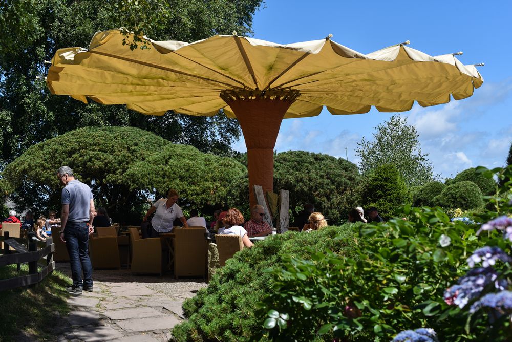 2017 Sonnenschirm im Garten der Kupferkanne in Kampen