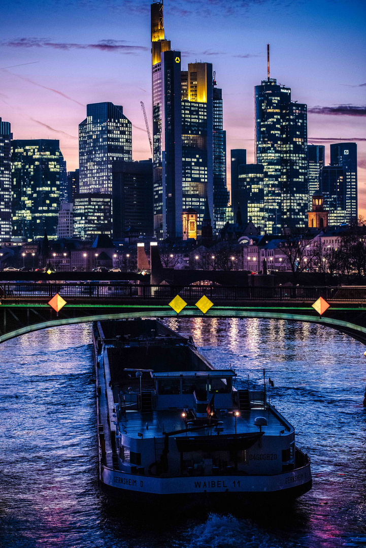 2019-Blaue Stunde am Main - Schiff vor Skyline