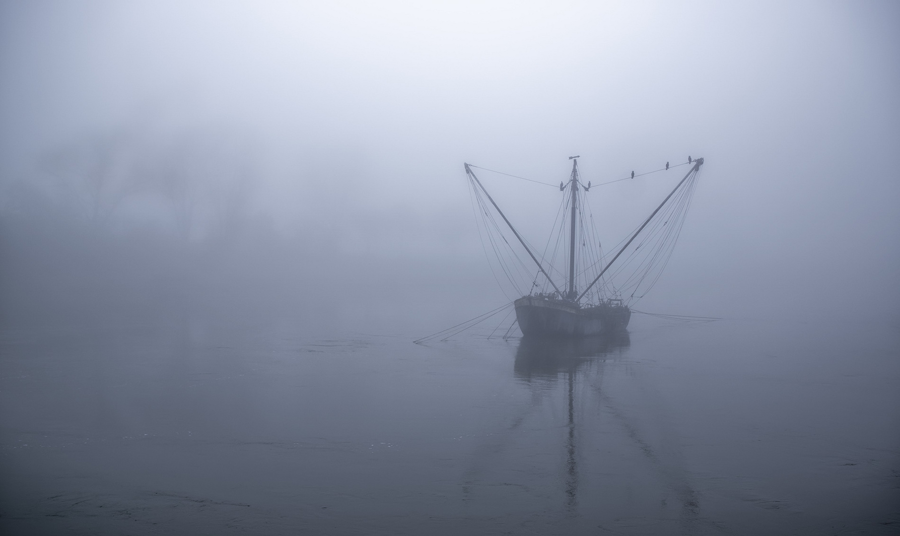 2074Sa Fischerboot auf der Weser verschwunden im Nebel der Zeit