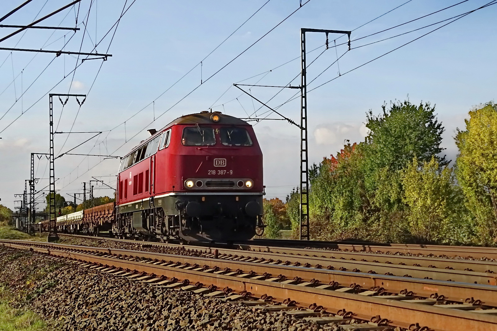 218 387-9 DB mit einem Bauzug