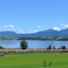 218 489 mit ihrer Regionalbahn nach Füssen vor dem Hopfensee bei Hopferau