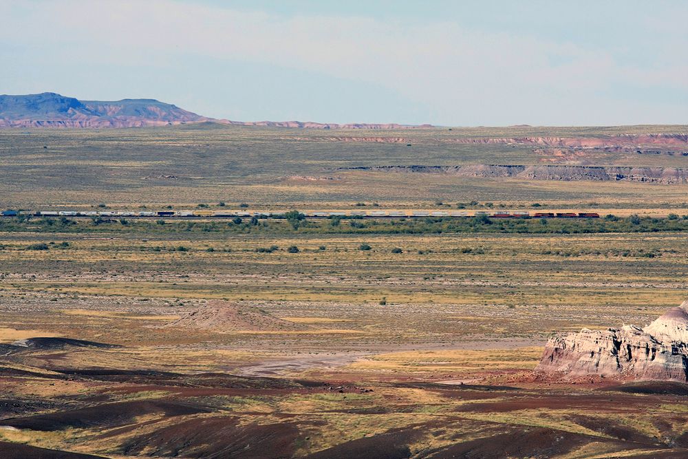 3 GE ES44DC Lokomotiven der BNSF mit Trailer und Container  fahren durch den Petrified Forest NP