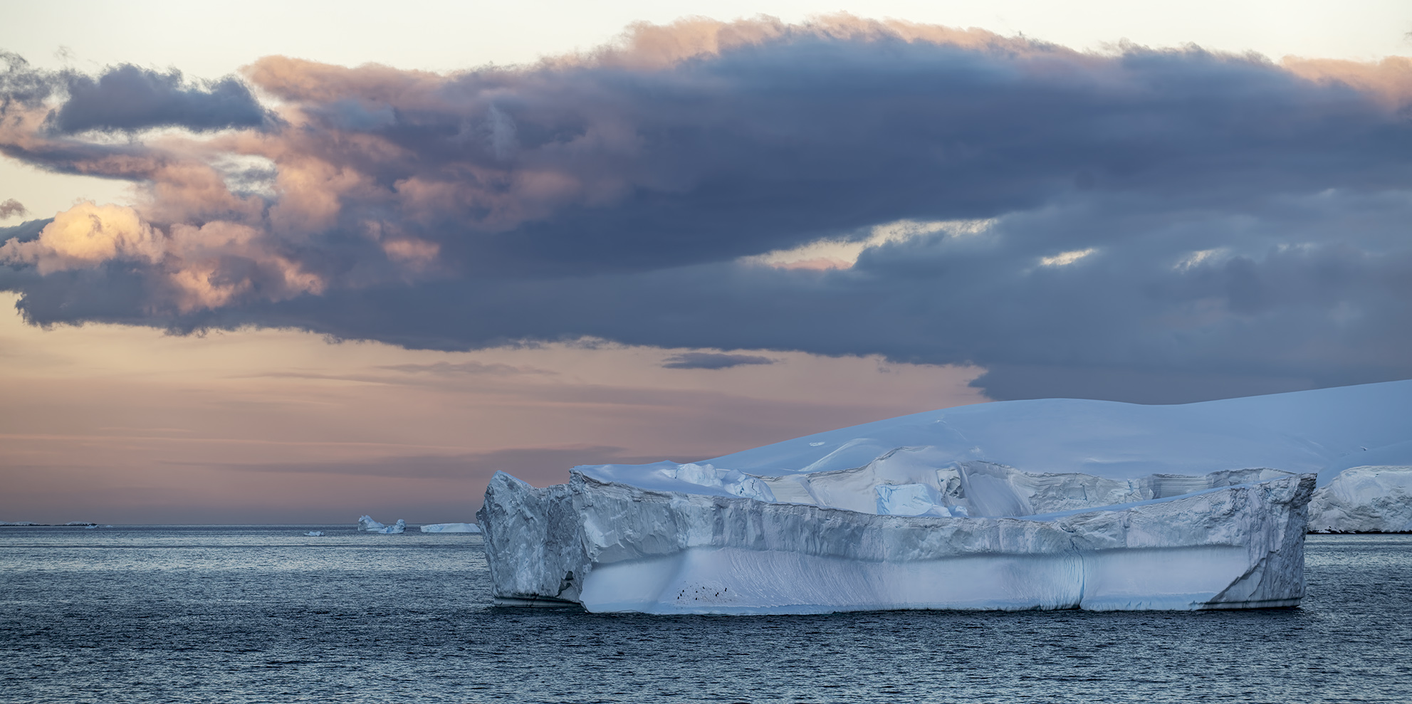 3763T Antarktis Abendstimmung am Eisberg mit Pinguinen