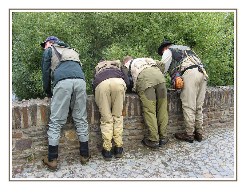 4 Fliegenfischer auf einer Brücke