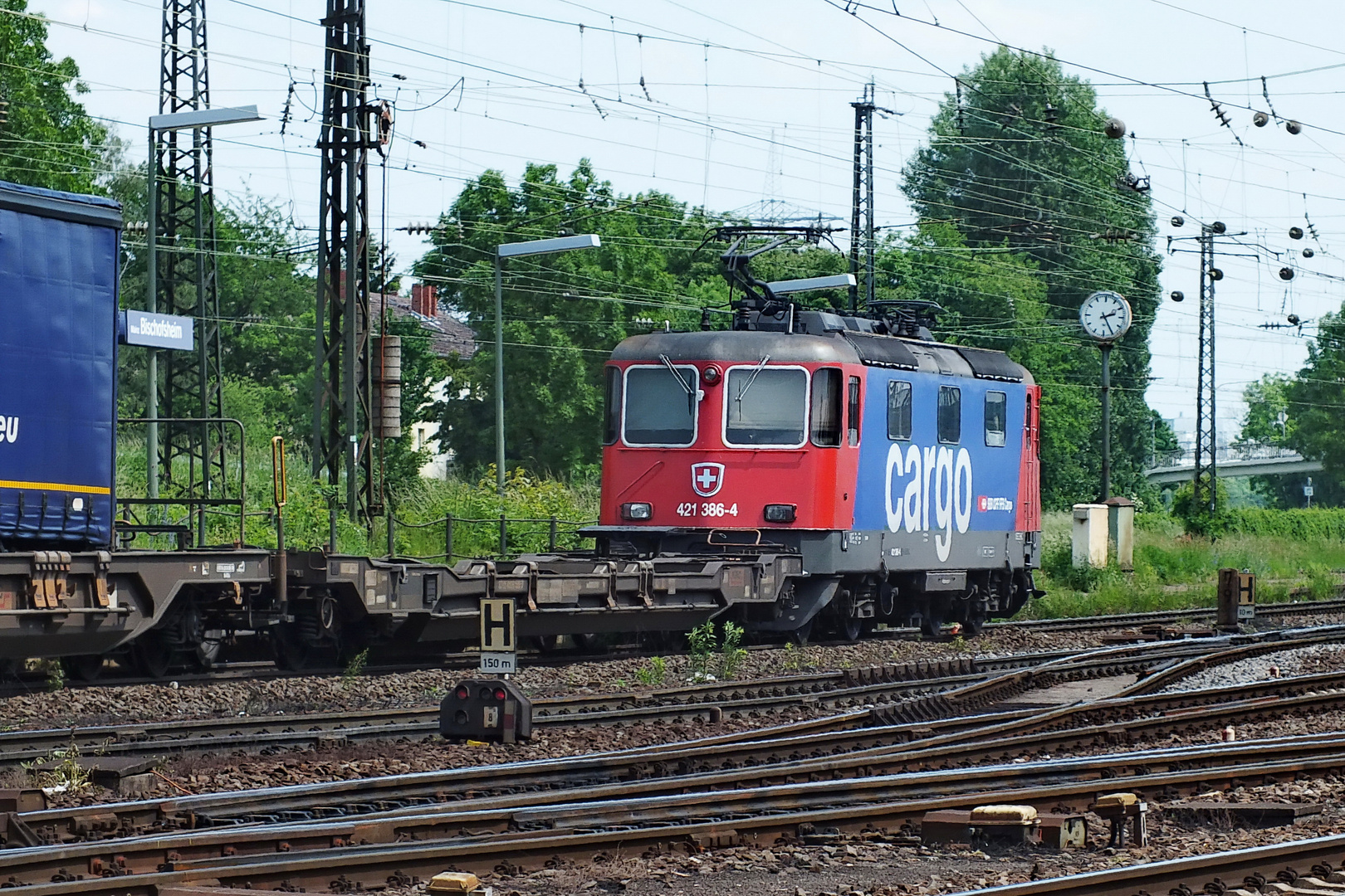 421 386-4 SBB-Cargo durchfährt mit seinem Containerzug den Bahnhof Mainz-Bischofsheim - 22.05.2012