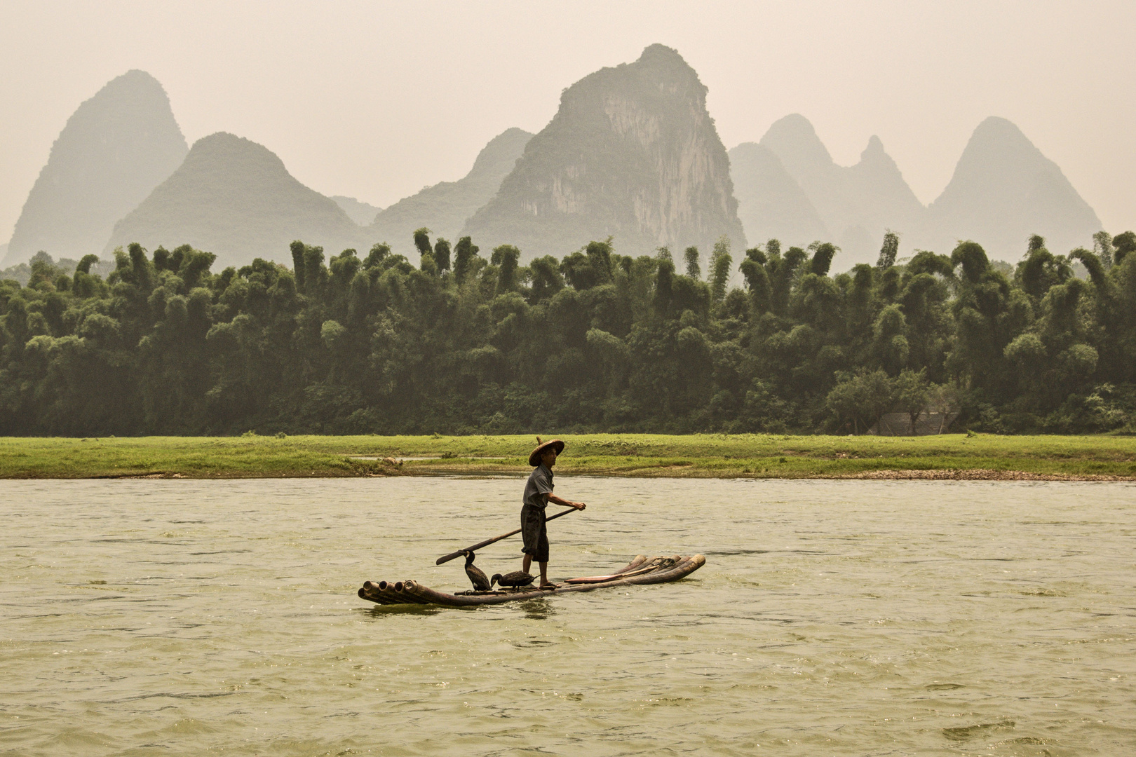 437 - Yangshuo - Fisherman on Bamboo Raft with his Cormorant. On Background the Karst Peaks