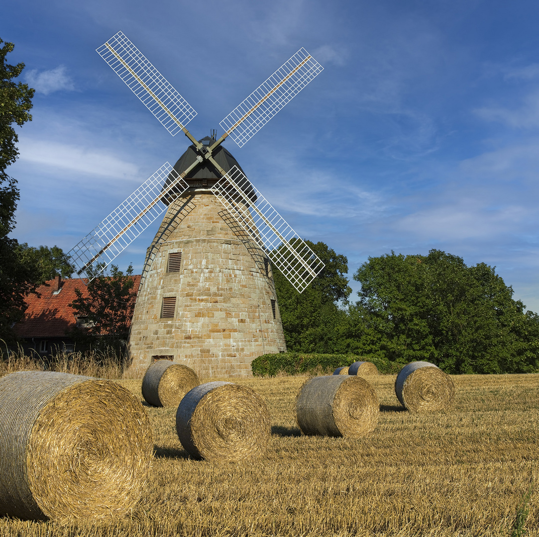 4602i historische Windmühle Rodenberg mit Strohballen Foto & Bild