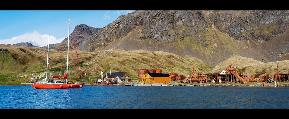 5175TZ  Segelschiff  vor der Walfangstation Grytviken Südgeorgien Panorama verkl