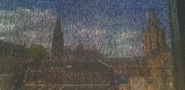 Köln, Blick aus dem Wallraf-Richartz-Museum (mit Sonnenschutz) Richtung Dom und Rathaus von Lehrer Laempel