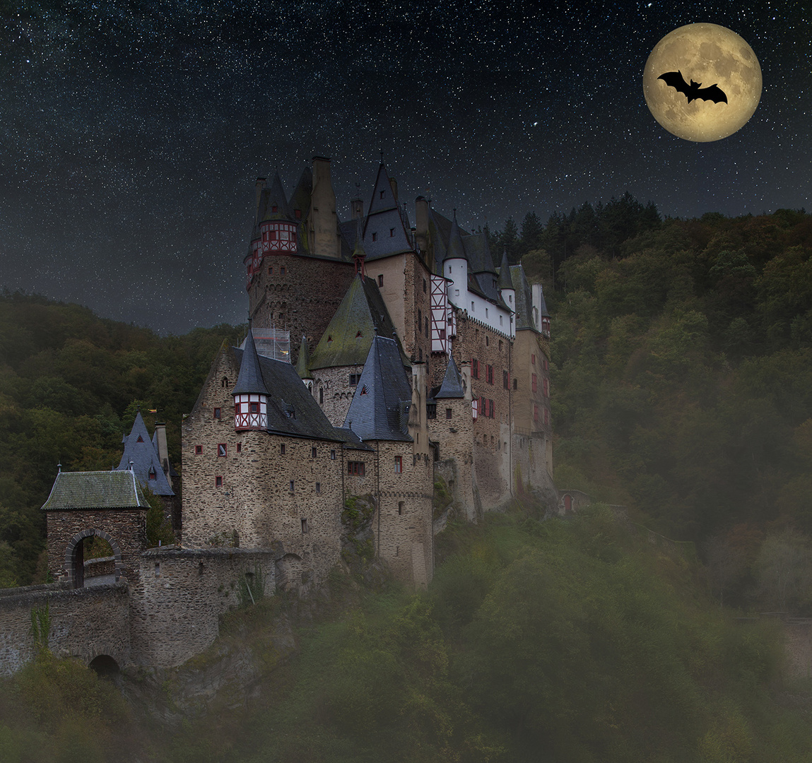 6197D Burg Eltz Nebel bei Nacht Vollmond mit Fledermaus