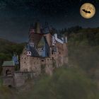 6197D Burg Eltz Nebel bei Nacht Vollmond mit Fledermaus