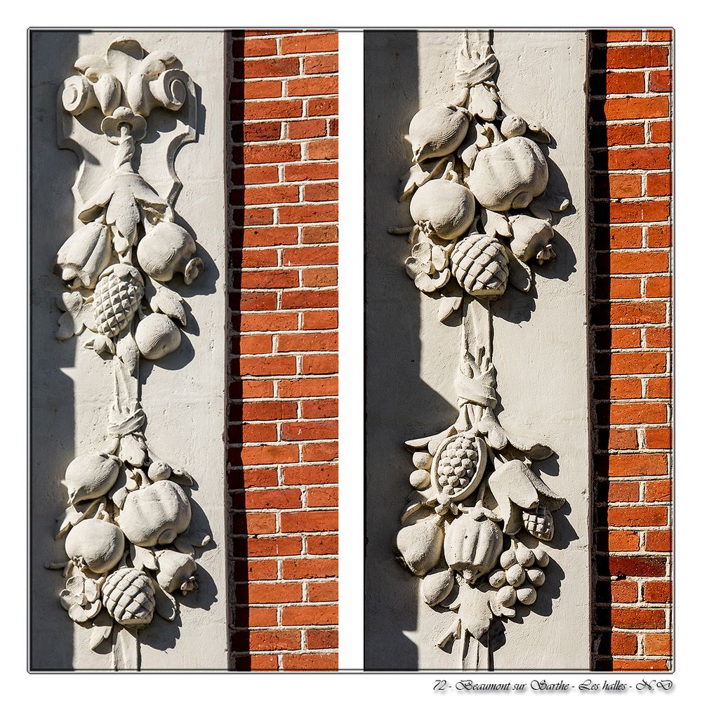 72 - Beaumont sur Sarthe - Les halles détails de la façade