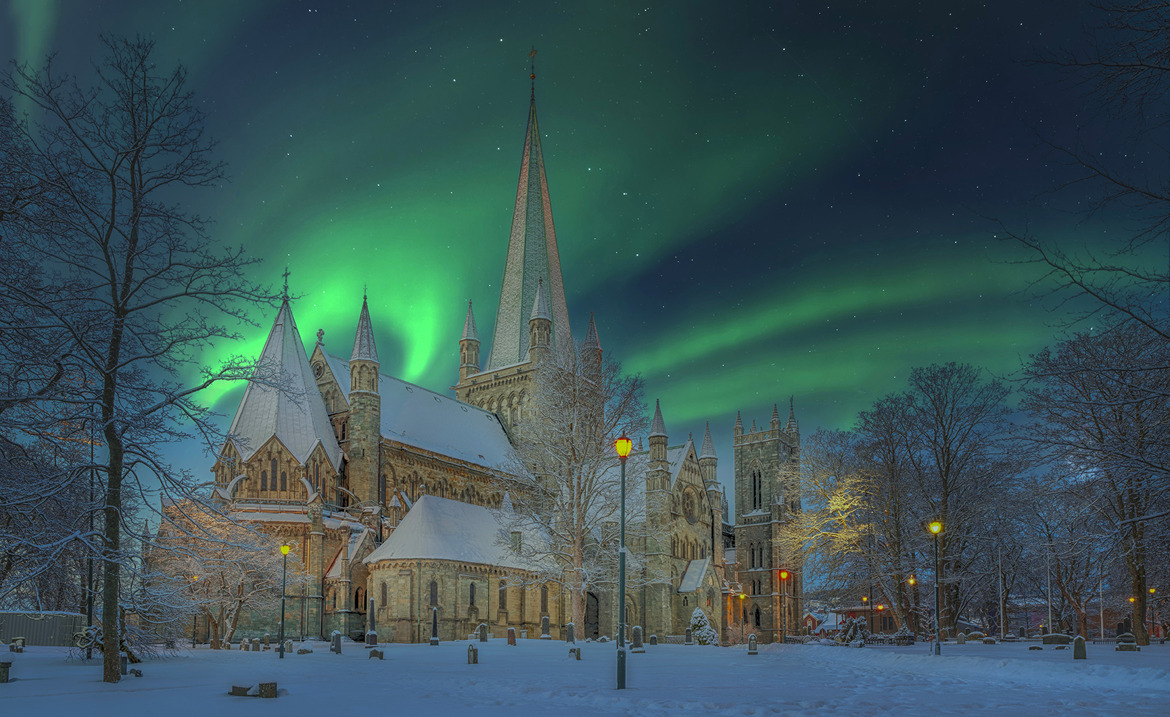 7820RFF Trondheim Nidaros Dom Nacht Winter Nordlicht