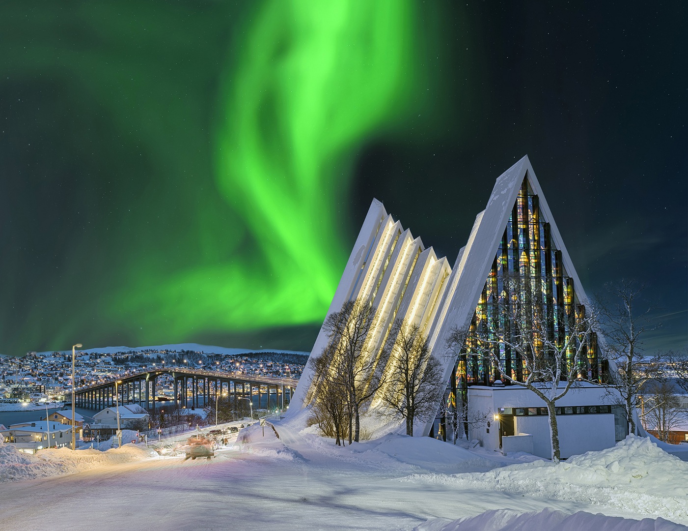 8162R Tromso Norwegen Eismeerkathedrale Winter Nordlicht