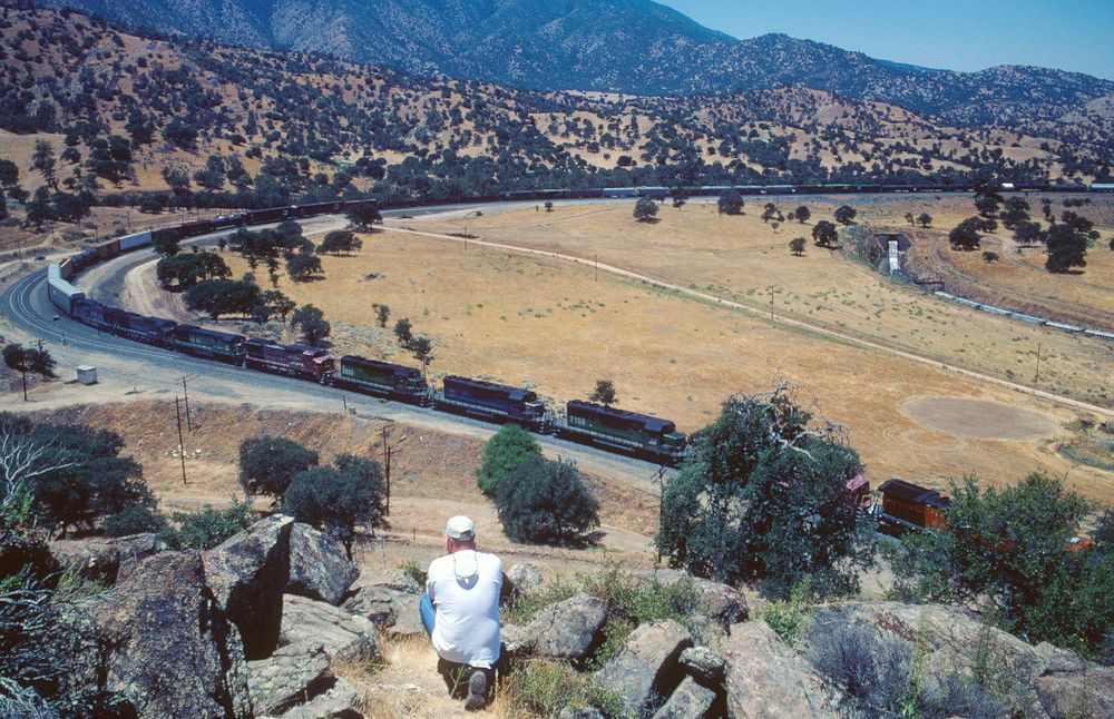 9 (!) Lokomotiven führen einen Güterzug über den Tehachapi Loop in Richtung Mojave,CA