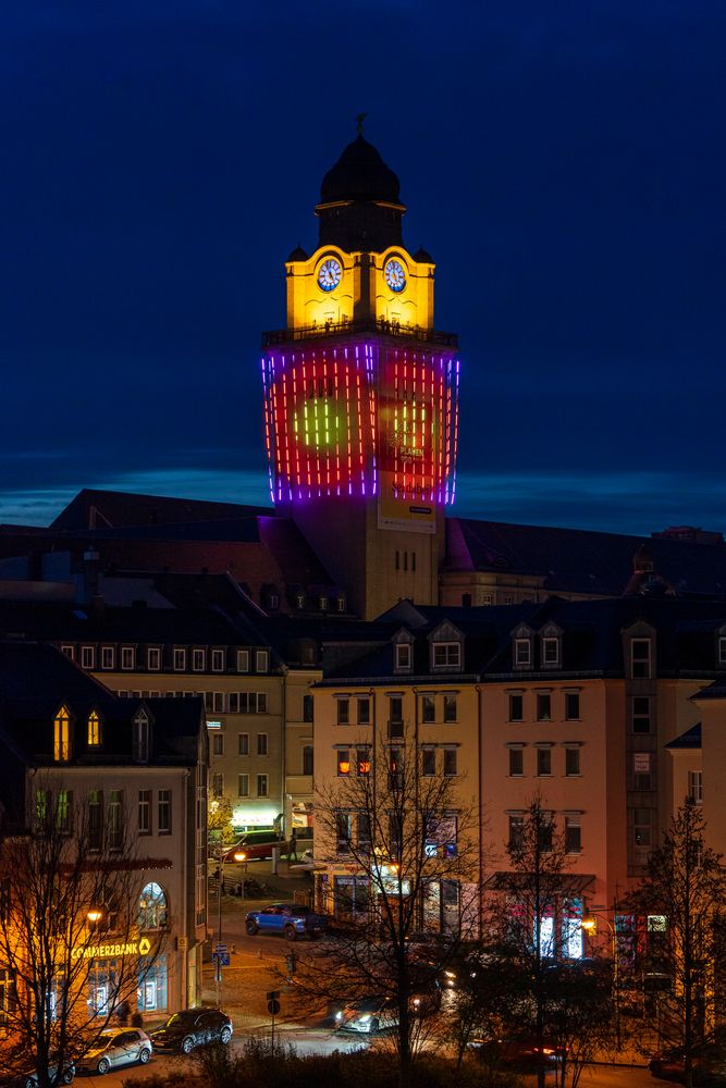 900 Jahre Plauen- Lichtspiele am Rathausturm
