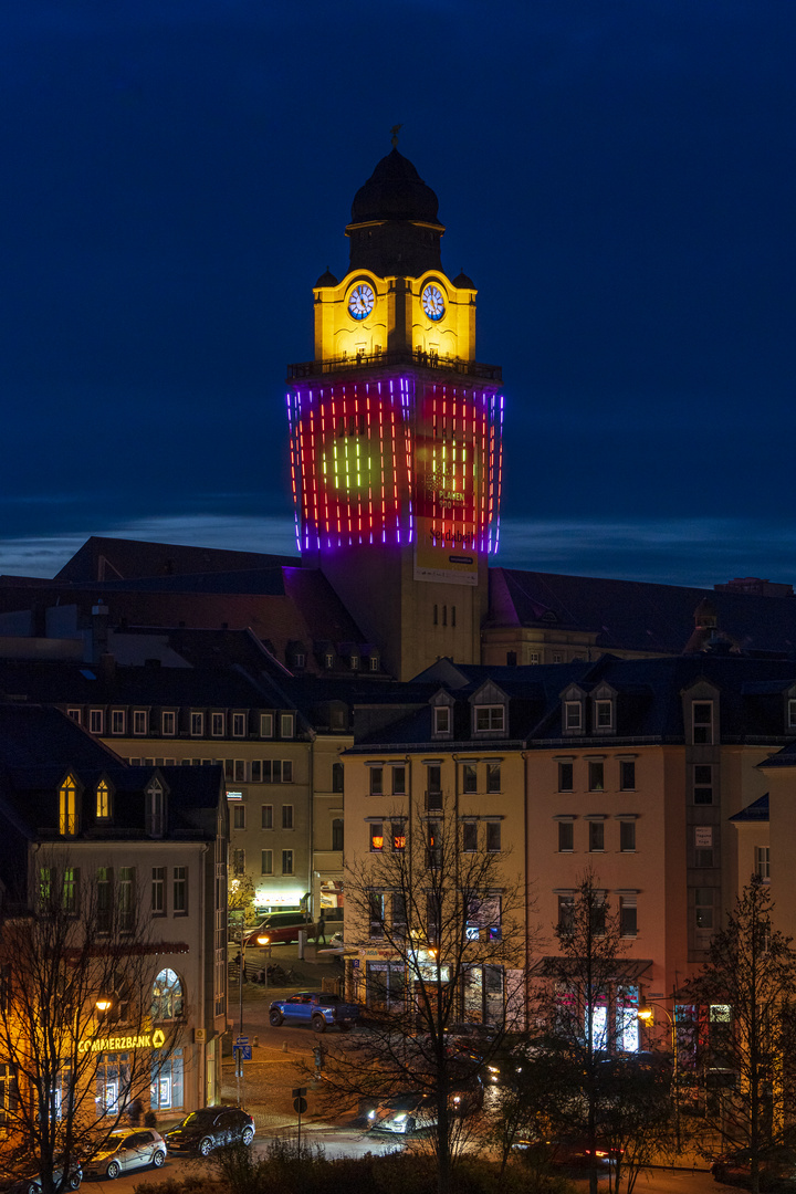 900 Jahre Plauen- Lichtspiele am Rathausturm