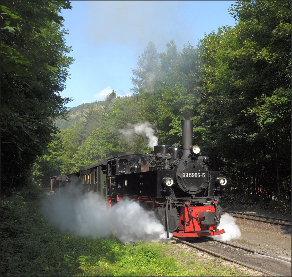 99 5906 mit PmG im Bahnhof Steinerne Renne