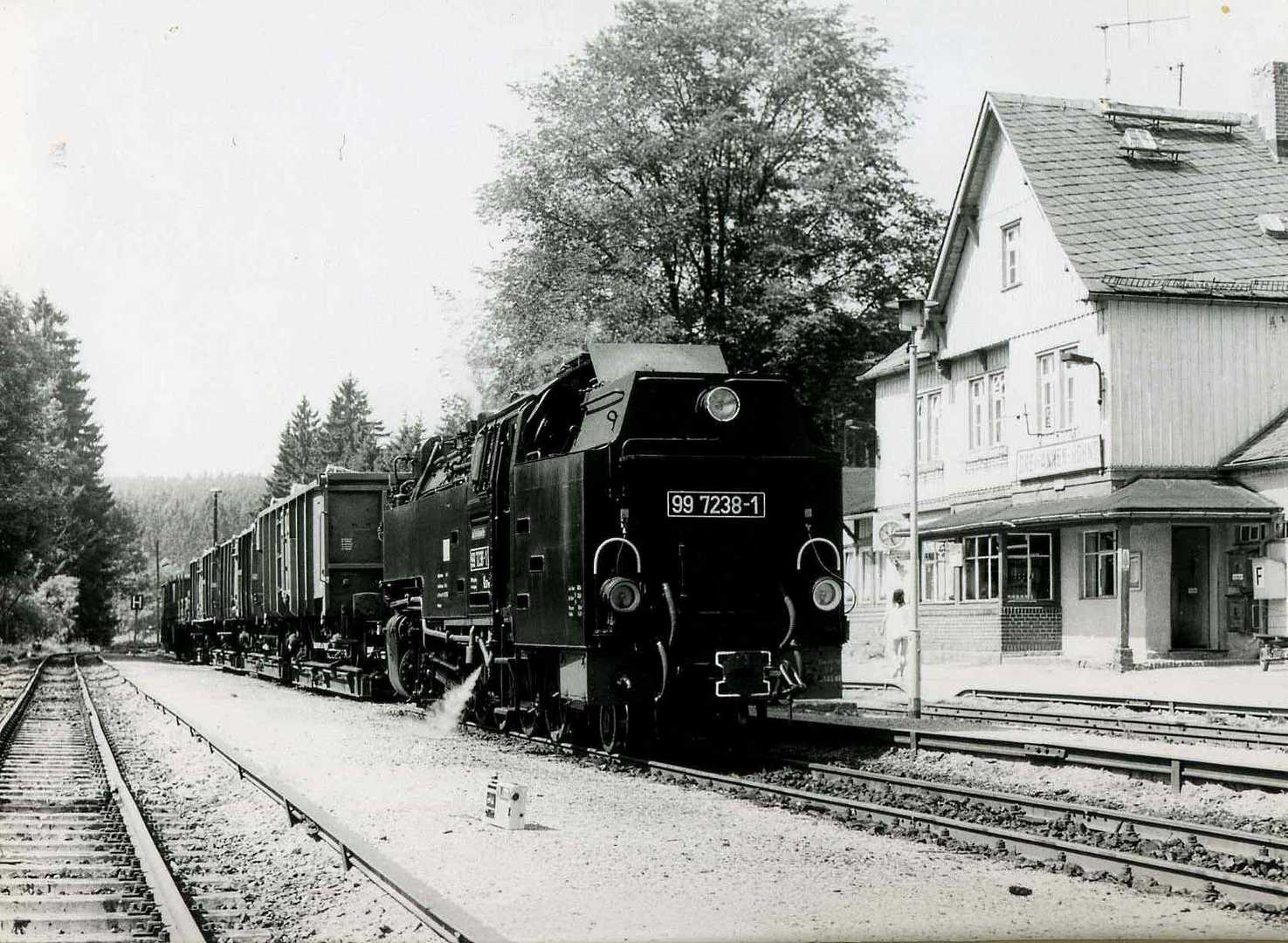 99 7238 mit Güterzug in Drei Annen Hohne im Jahre 1986