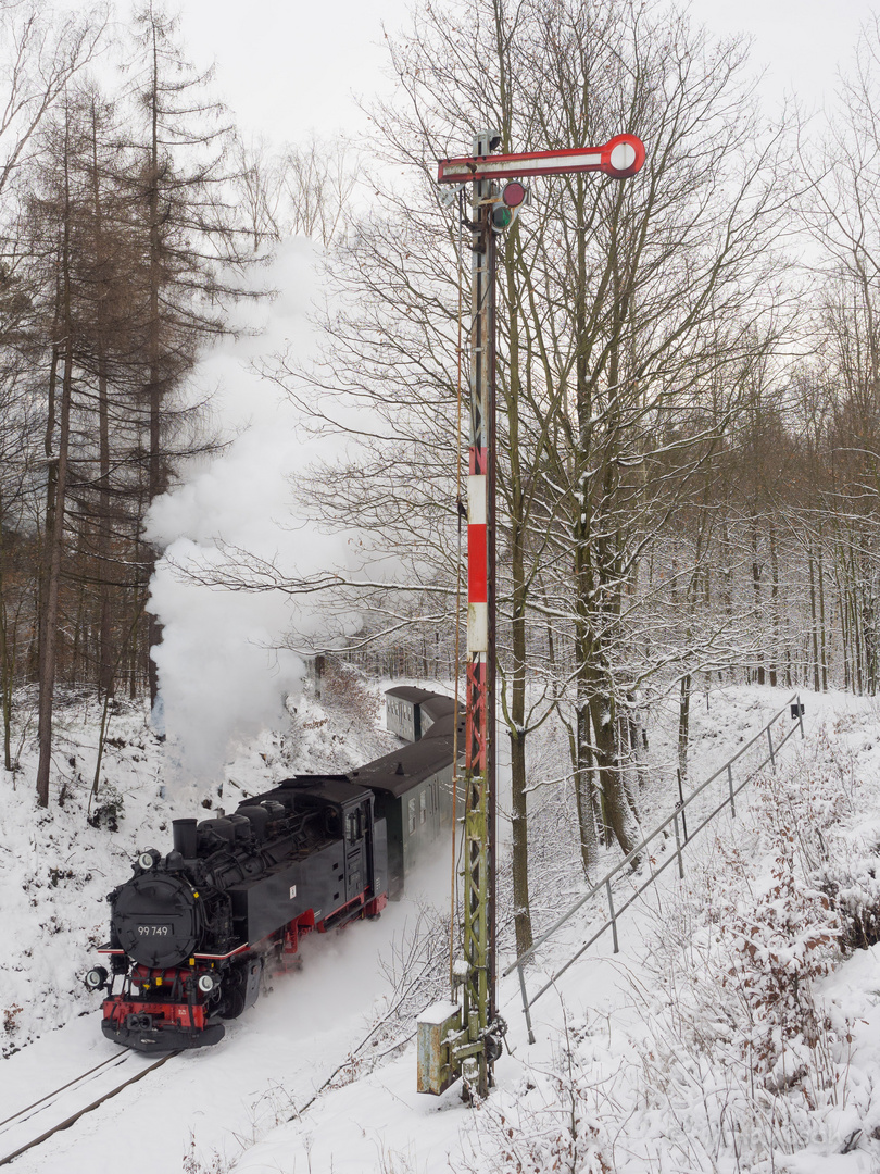 99 749 passiert das Einfahrsignal von Bertsdorf