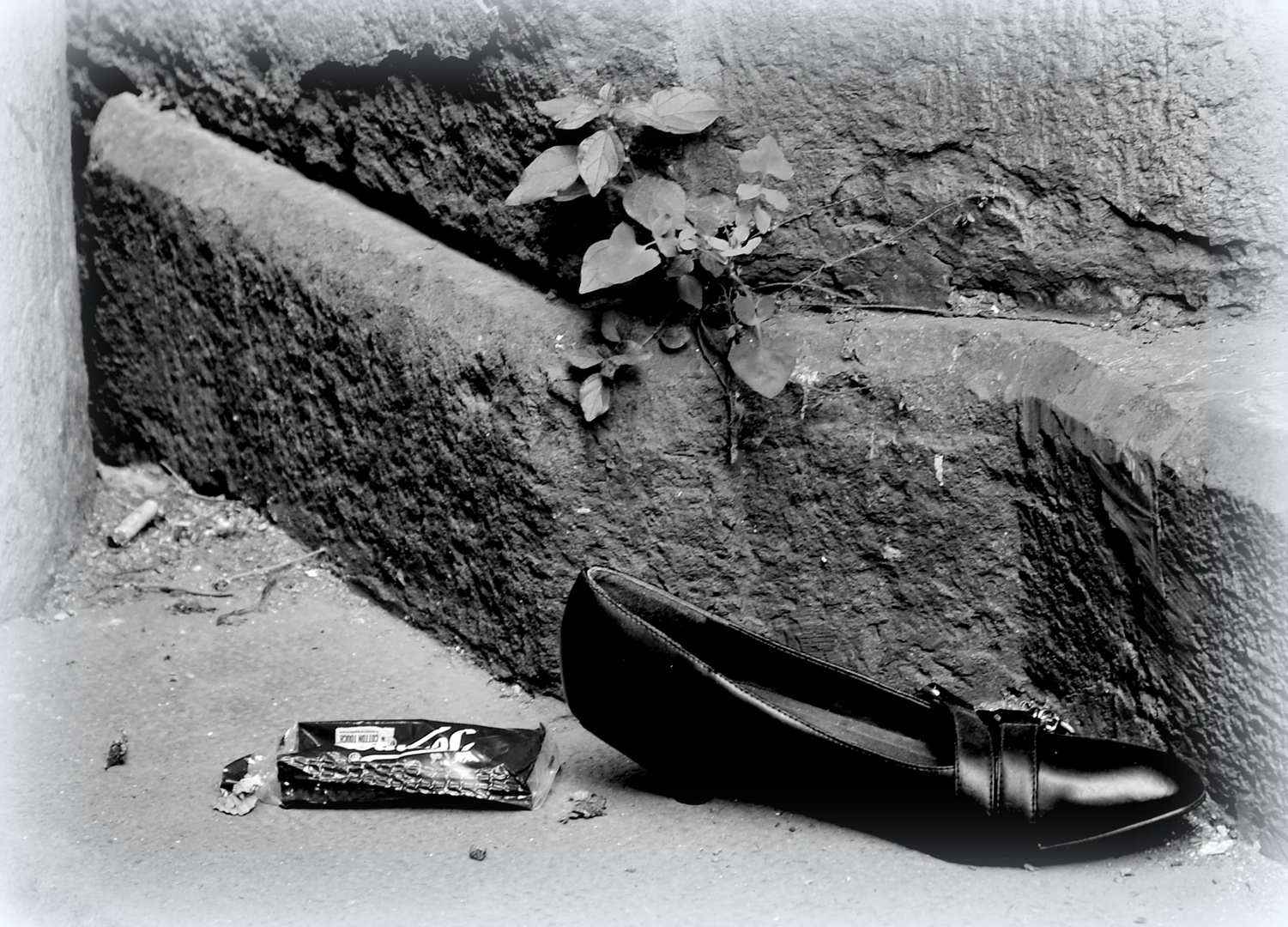 A cigarette stubb, a plastic bag and a shoe