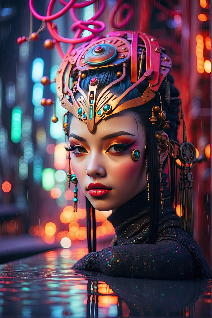 a cyberpunk geisha bathing in the pool