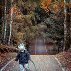 A joyful and carefree walk in the forest in a teddy bear hat