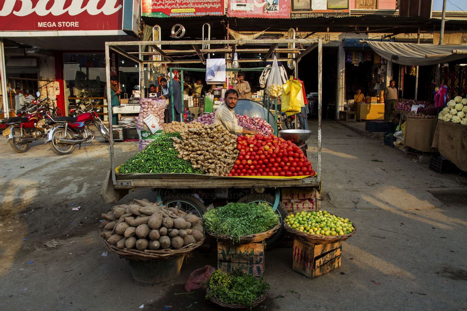 A local vendor prepares a display of vegetables.