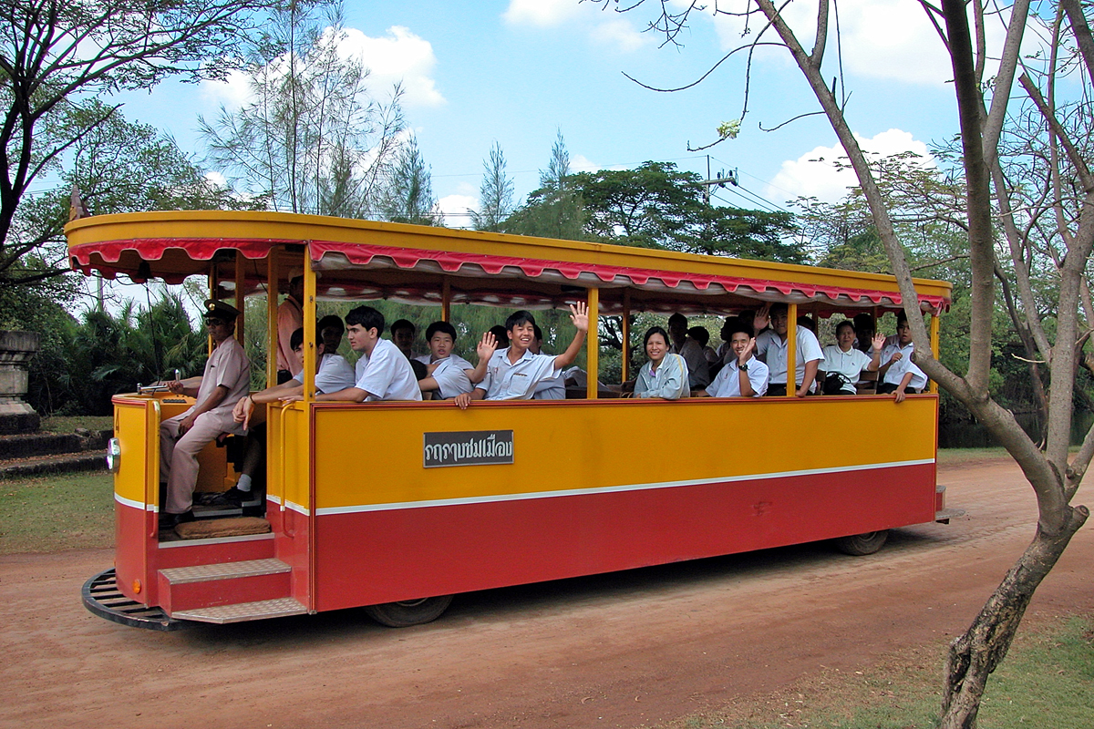 A school class in a trolley car