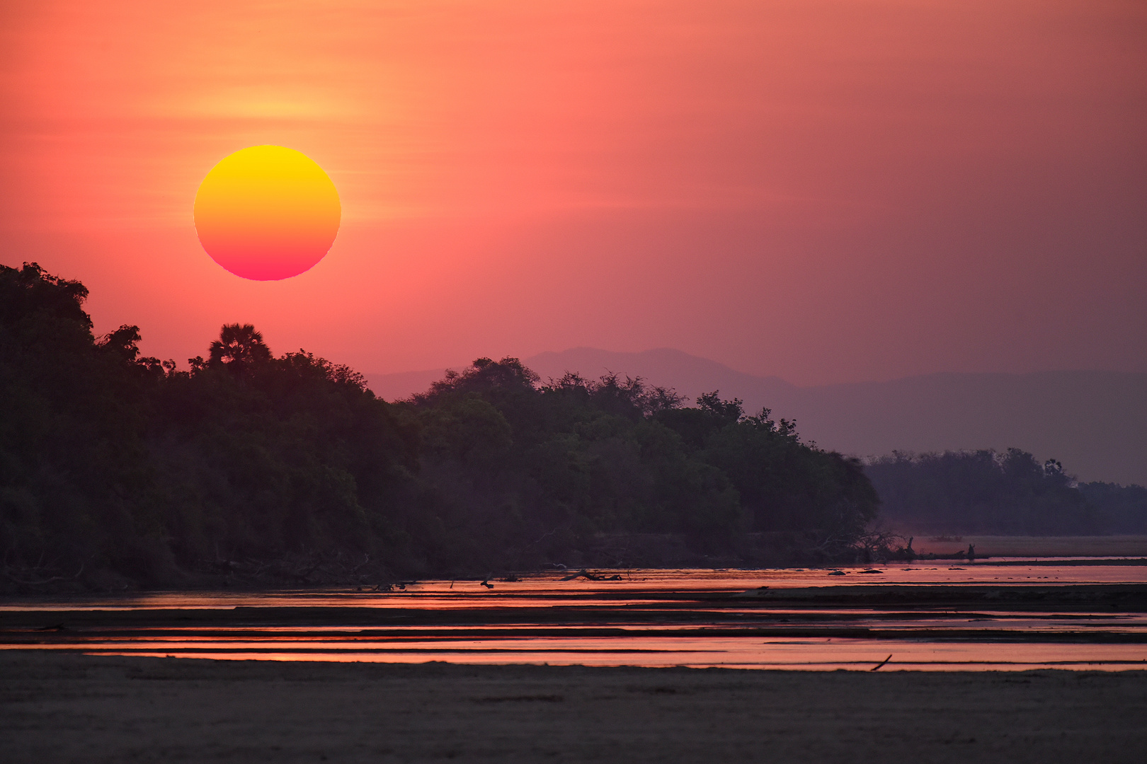 A sunset on the banks of the Luangwa River