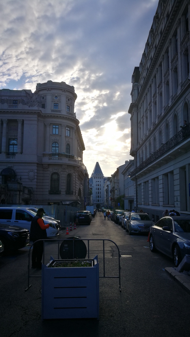 A view of the city at sunset 