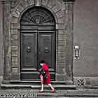 A woman in red