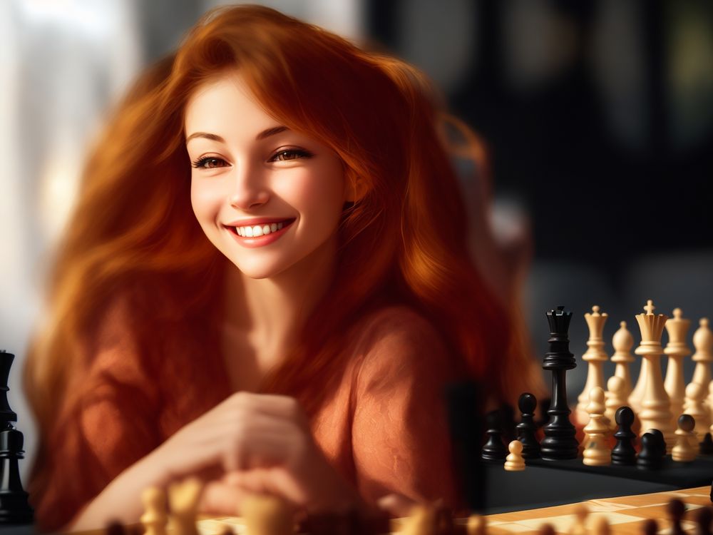 A woman sitting at a table playing a game of chess