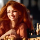 A woman sitting at a table playing a game of chess