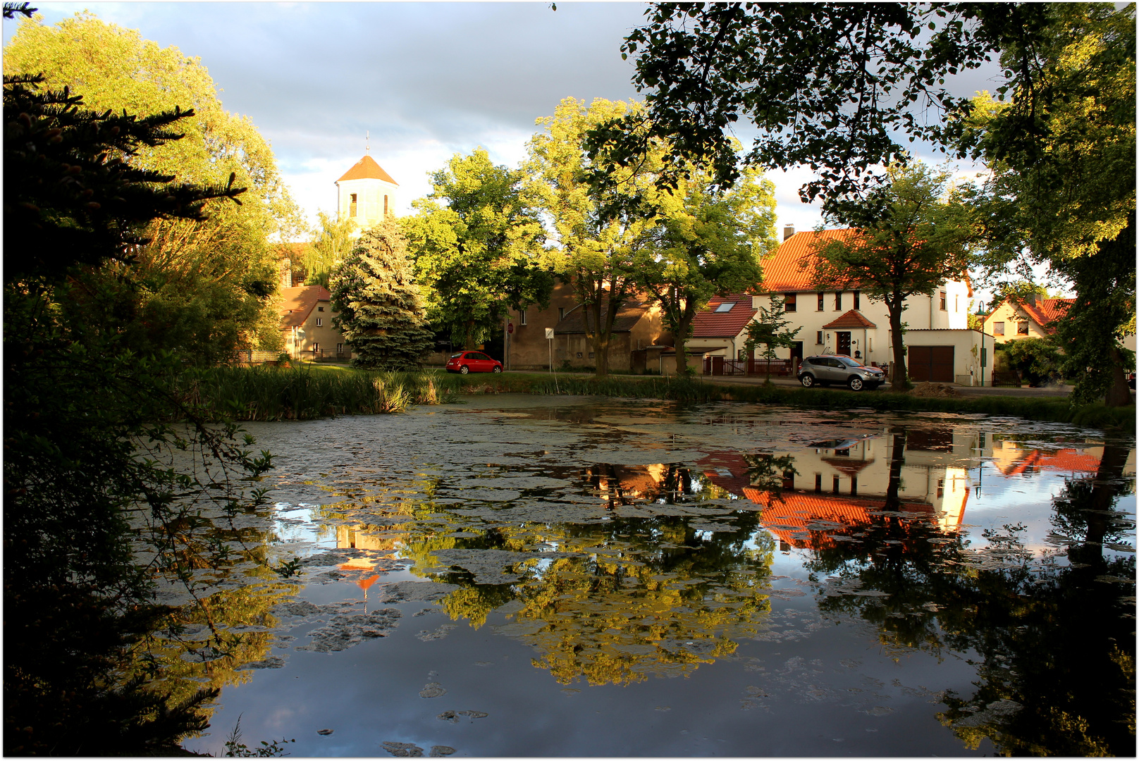 Abendsonne am (und im) Dorfteich