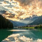 Abendstimmung am Lago di Auronzo mit Blick auf die Drei Zinnen 