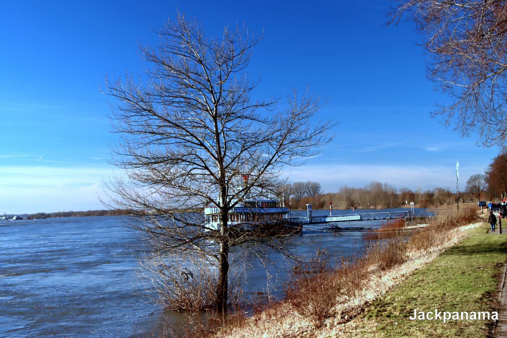 abfließendes Hochwasser am Rhein in Wesel