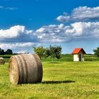 Abgedroschenes Feld mit Strohballen