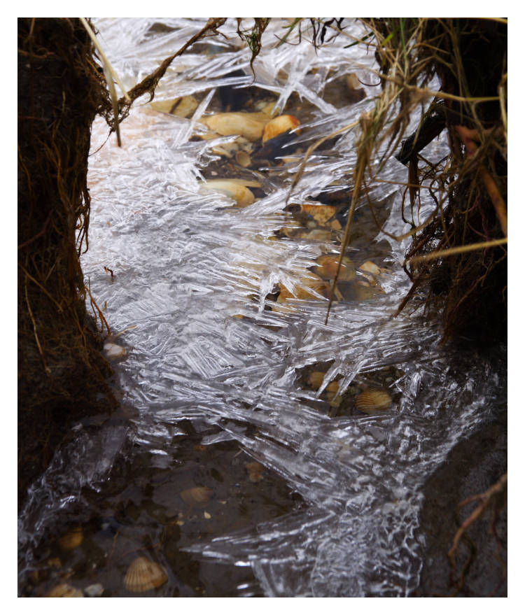 Ablaufendes Wasser unter dünner Eisschicht